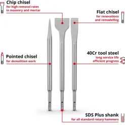 Clearance 3-pc. SDS Plus Chisel Set, 250 mm Rotary Hammer Accessories