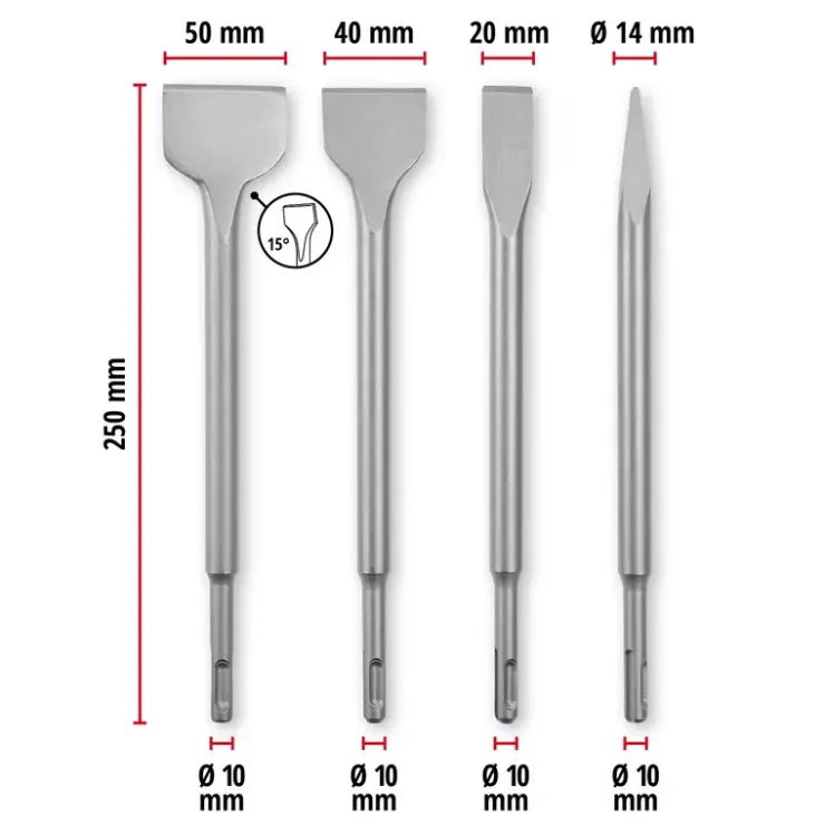New 4-pc. SDS Plus Chisel Set, 250 mm Rotary Hammer Accessories