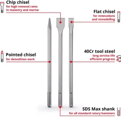 Hot 3-pc. SDS-Max Chisel Set, 400 mm Rotary Hammer Accessories